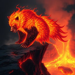 A striking hybrid bear, its fur crackling with vibrant flames reminiscent of a phoenix, stands powerfully on the edge of a volcanic cliff