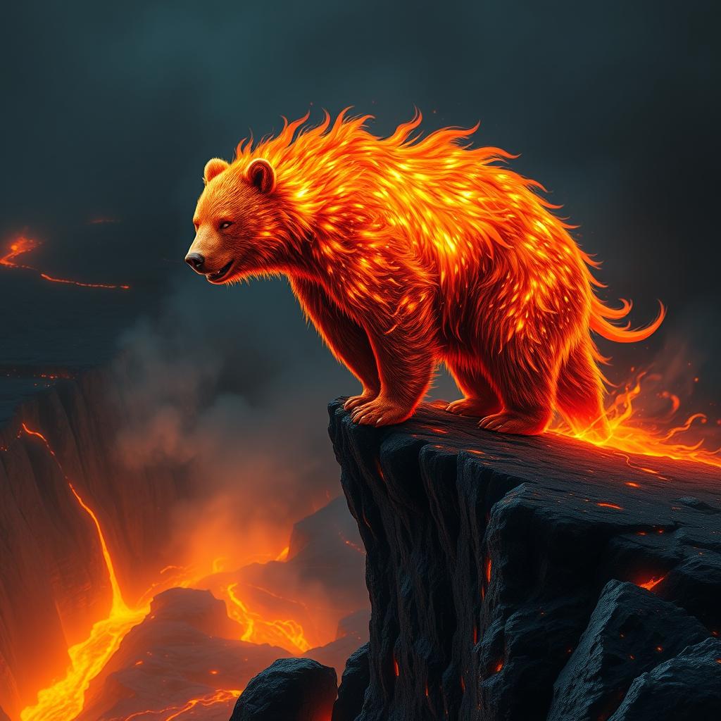 A striking hybrid bear, its fur crackling with vibrant flames reminiscent of a phoenix, stands powerfully on the edge of a volcanic cliff