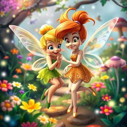 A whimsical, enchanting scene depicting Tinkerbell and Dizzy from the Disney fairies universe, exploring a vibrant fairy glen filled with colorful flowers and sparkling fairy dust