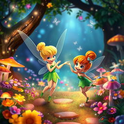 A whimsical, enchanting scene depicting Tinkerbell and Dizzy from the Disney fairies universe, exploring a vibrant fairy glen filled with colorful flowers and sparkling fairy dust