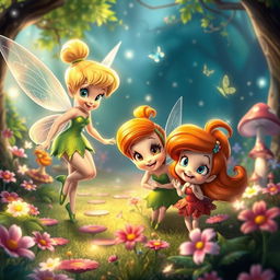 A whimsical, enchanting scene depicting Tinkerbell and Dizzy from the Disney fairies universe, exploring a vibrant fairy glen filled with colorful flowers and sparkling fairy dust