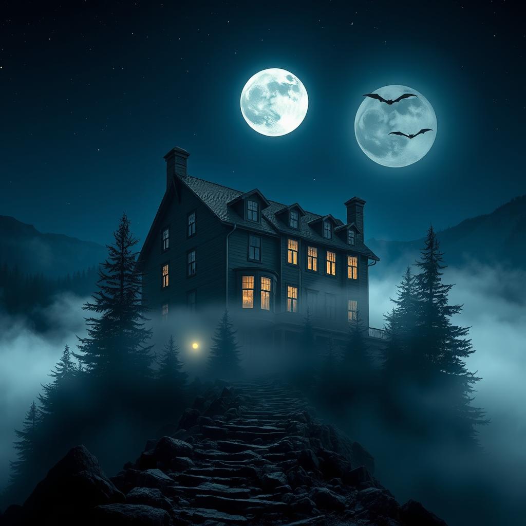 A spooky, eerie hotel nestled in the misty mountains, illuminated by the pale light of a full moon