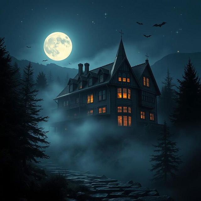 A spooky, eerie hotel nestled in the misty mountains, illuminated by the pale light of a full moon