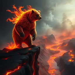 A hybrid bear with fur that crackles and flickers with vibrant flames like a phoenix stands majestically on the edge of a volcanic cliff