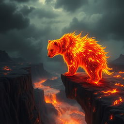 A hybrid bear with fur that crackles and flickers with vibrant flames like a phoenix stands majestically on the edge of a volcanic cliff