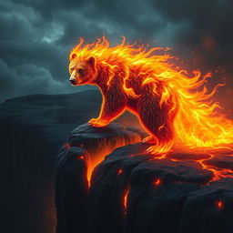 A hybrid bear with fur that crackles and flickers with vibrant flames like a phoenix stands majestically on the edge of a volcanic cliff