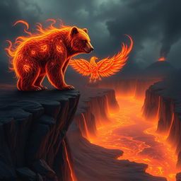 A hybrid bear with fur that crackles and flickers with vibrant flames like a phoenix stands majestically on the edge of a volcanic cliff