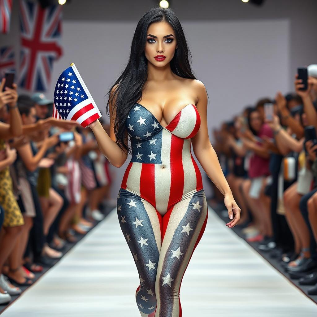 A striking model confidently walking down a fashion runway, wearing a skin-tight bodysuit painted with the American flag