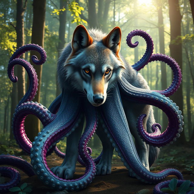 A captivating creature that seamlessly merges the features of a wolf with the mesmerizing tentacles of an octopus