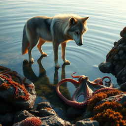 A majestic wolf stands at the edge of a rocky tide pool, its fur sleek and shimmering under the soft light of the setting sun