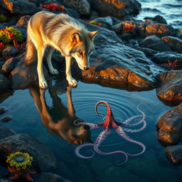 A majestic wolf stands at the edge of a rocky tide pool, its fur sleek and shimmering under the soft light of the setting sun