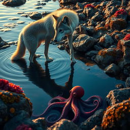 A majestic wolf stands at the edge of a rocky tide pool, its fur sleek and shimmering under the soft light of the setting sun
