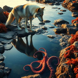 A majestic wolf stands at the edge of a rocky tide pool, its fur sleek and shimmering under the soft light of the setting sun