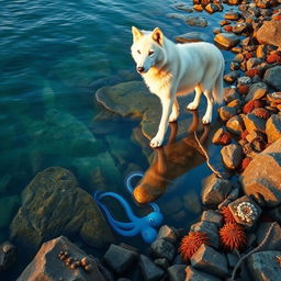 A striking wolf stands at the edge of a rocky tide pool, its fur pristine and catching the soft light of sunset