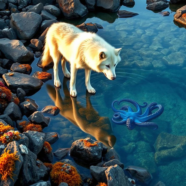 A striking wolf stands at the edge of a rocky tide pool, its fur pristine and catching the soft light of sunset