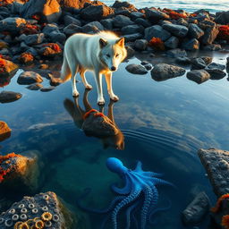 A striking wolf stands at the edge of a rocky tide pool, its fur pristine and catching the soft light of sunset