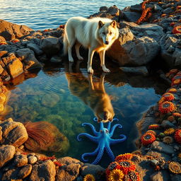 A striking wolf stands at the edge of a rocky tide pool, its fur pristine and catching the soft light of sunset