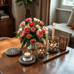 A beautiful tabletop setting featuring an elegant arrangement of decorative items