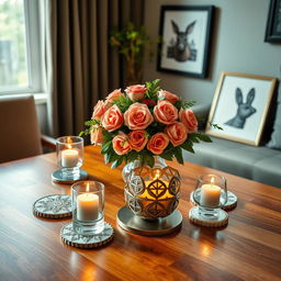 A beautiful tabletop setting featuring an elegant arrangement of decorative items