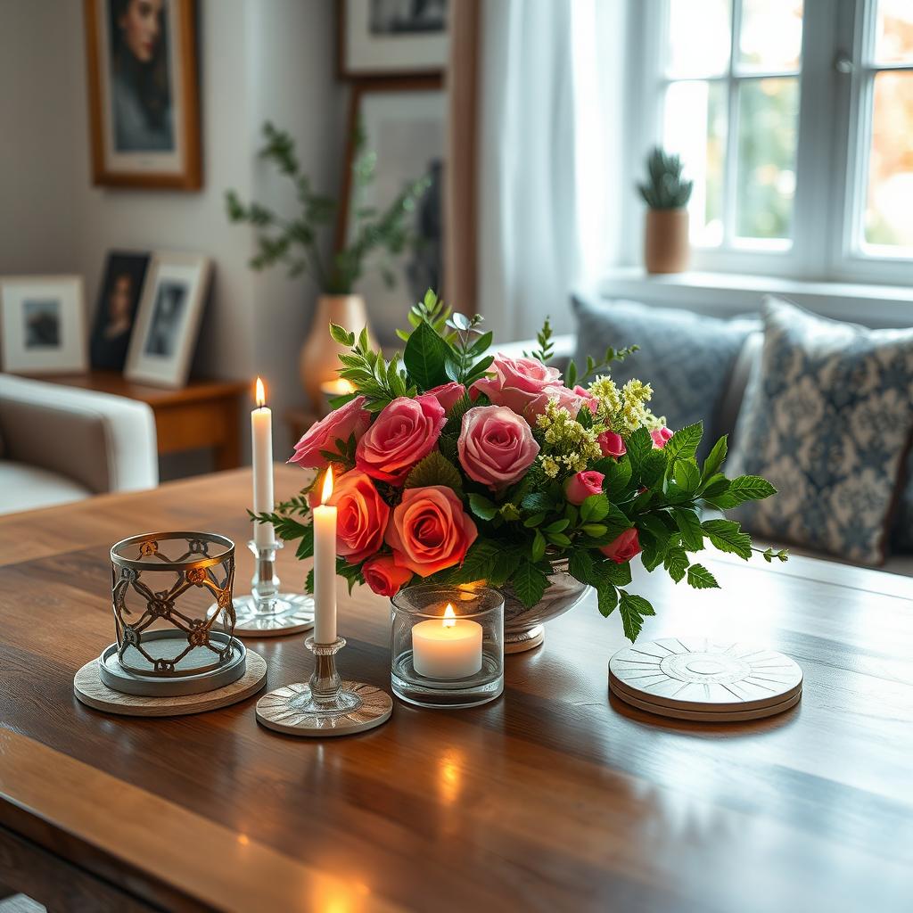 A beautiful tabletop setting featuring an elegant arrangement of decorative items