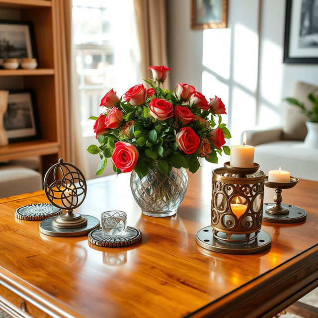 A beautiful tabletop setting featuring an elegant arrangement of decorative items