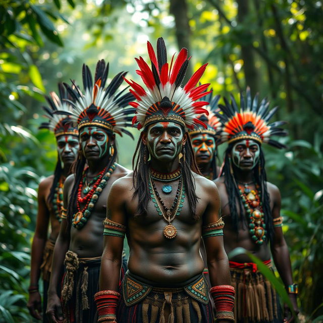 A striking portrait of a group of indigenous Indians wearing traditional body paint and adorned with vibrant feathers and jewelry