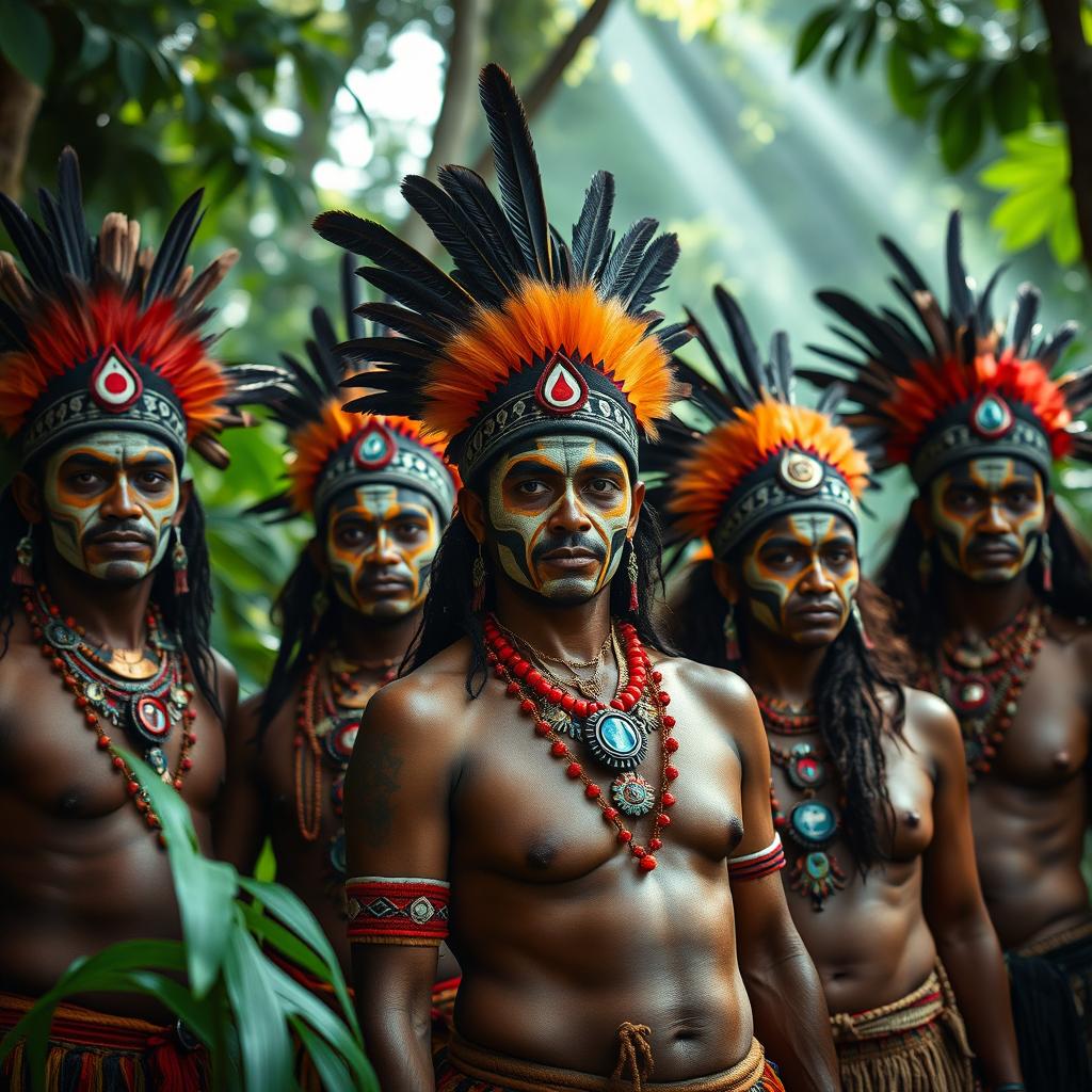 A striking portrait of a group of indigenous Indians wearing traditional body paint and adorned with vibrant feathers and jewelry