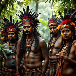 A striking portrait of a group of indigenous Indians wearing traditional body paint and adorned with vibrant feathers and jewelry