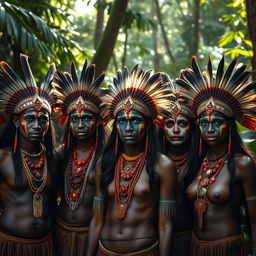A striking portrait of a group of indigenous Indians wearing traditional body paint and adorned with vibrant feathers and jewelry