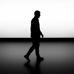 A monochrome silhouette of a human figure in black, depicted in a simple style, walking towards the right