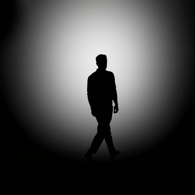 A monochrome silhouette of a human figure in black, depicted in a simple style, walking towards the right