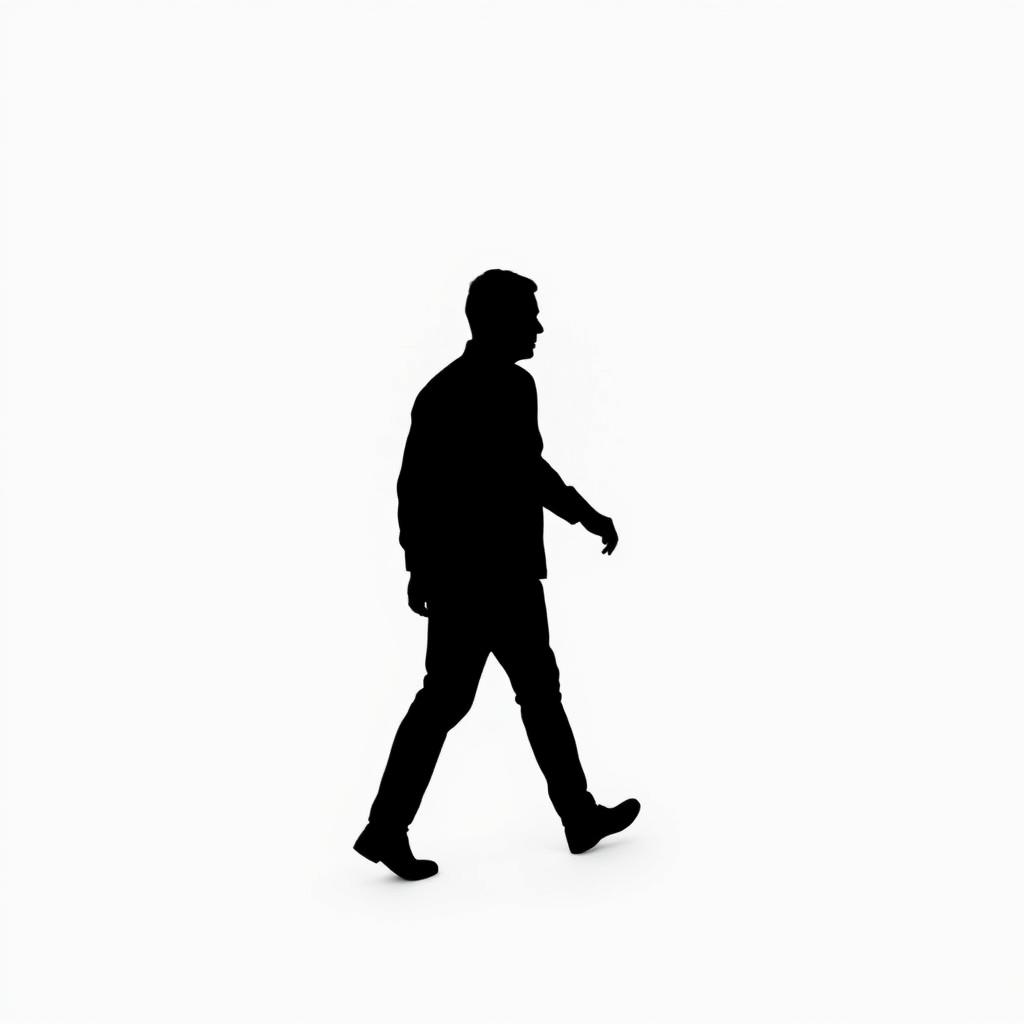 A monochrome silhouette of a human figure in black, depicted in a simple style, walking towards the right