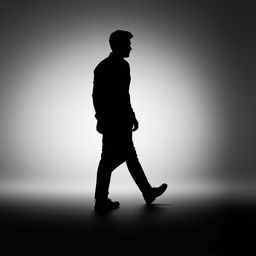 A monochrome silhouette of a human figure in black, depicted in a simple style, walking towards the right