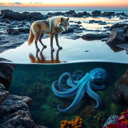 A graceful wolf stands at the edge of a rocky tide pool, its fur reflecting the soft hues of sunset as it gazes into the water