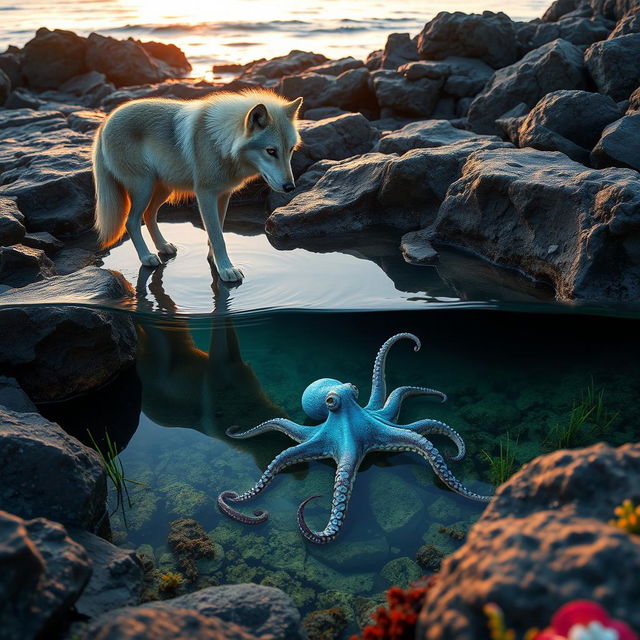 A graceful wolf stands at the edge of a rocky tide pool, its fur reflecting the soft hues of sunset as it gazes into the water