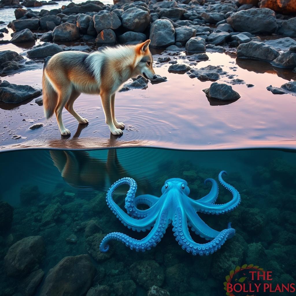 A graceful wolf stands at the edge of a rocky tide pool, its fur reflecting the soft hues of sunset as it gazes into the water