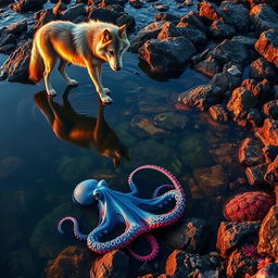 A graceful wolf stands at the edge of a rocky tide pool, its fur reflecting the soft hues of sunset as it gazes into the water