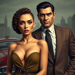 A stylized portrait of a couple posing in a classic mafia-themed setting