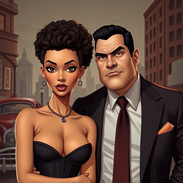 A stylized portrait of a couple posing in a classic mafia-themed setting