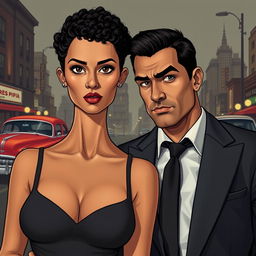 A stylized portrait of a couple posing in a classic mafia-themed setting