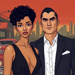 A stylized portrait of a couple posing in a classic mafia-themed setting