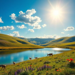 A highly realistic photograph featuring a scenic landscape with rolling hills covered in vibrant green grass, dotted with colorful wildflowers