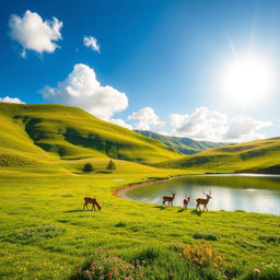 A highly realistic photograph featuring a scenic landscape with rolling hills covered in vibrant green grass, dotted with colorful wildflowers