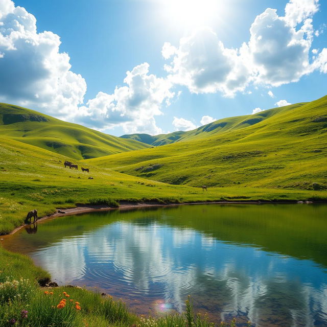 A highly realistic photograph featuring a scenic landscape with rolling hills covered in vibrant green grass, dotted with colorful wildflowers