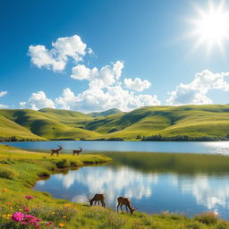 A highly realistic photograph featuring a scenic landscape with rolling hills covered in vibrant green grass, dotted with colorful wildflowers