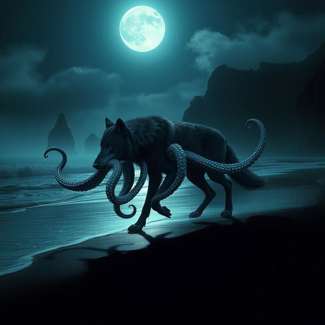 A fantastical hybrid creature, featuring a wolf with eight octopus tentacles gracefully emerging from its body, prowls along a dark, misty shoreline