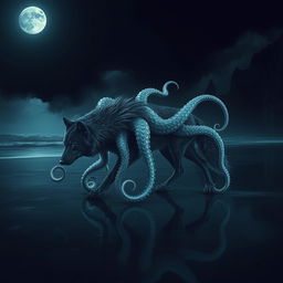 A fantastical hybrid creature, featuring a wolf with eight octopus tentacles gracefully emerging from its body, prowls along a dark, misty shoreline
