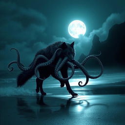 A fantastical hybrid creature, featuring a wolf with eight octopus tentacles gracefully emerging from its body, prowls along a dark, misty shoreline