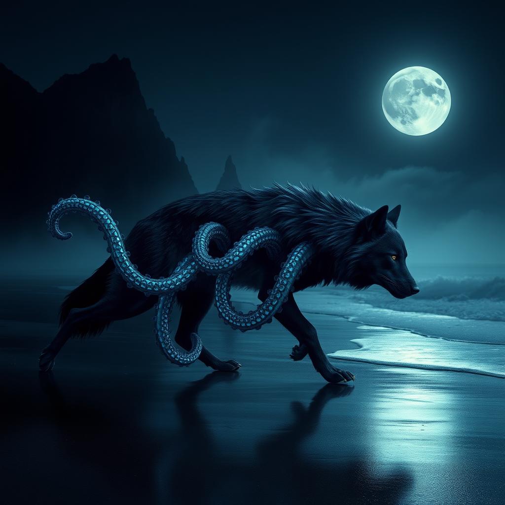 A fantastical hybrid creature, featuring a wolf with eight octopus tentacles gracefully emerging from its body, prowls along a dark, misty shoreline