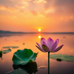 A stunning sunrise scene featuring a vibrant lotus flower in full bloom, floating gracefully on a serene lake